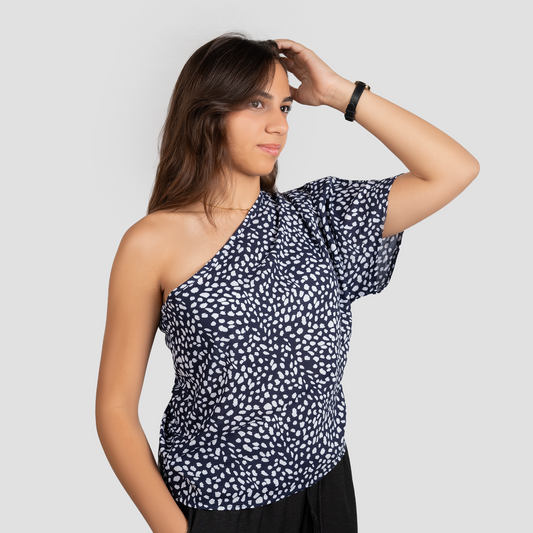 Midnight Wave One-Shoulder Printed Blouse